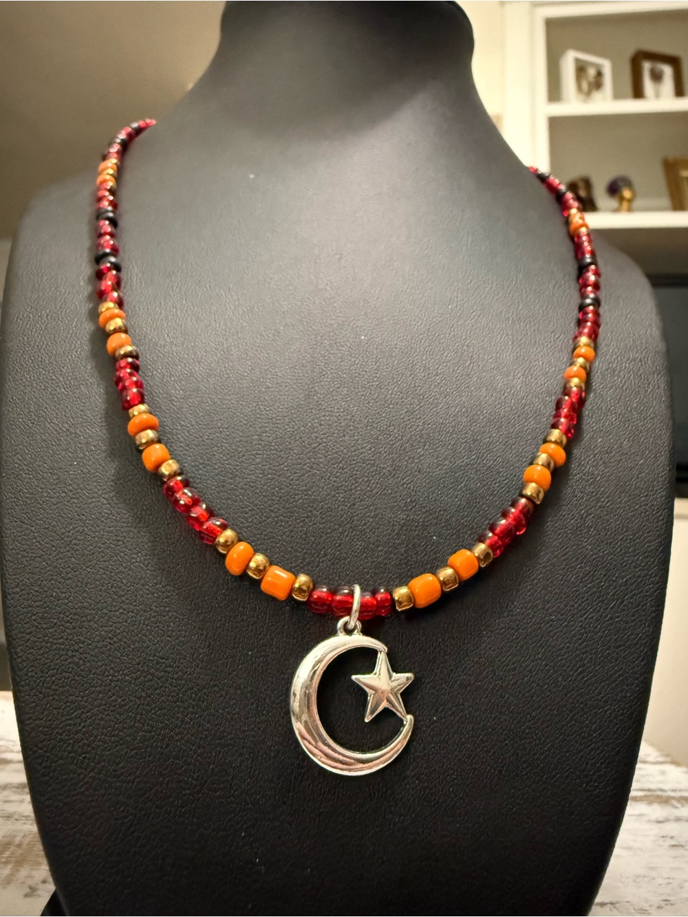 Silver Crescent Moon & Star Pendant Necklace with Red and Orange Beads